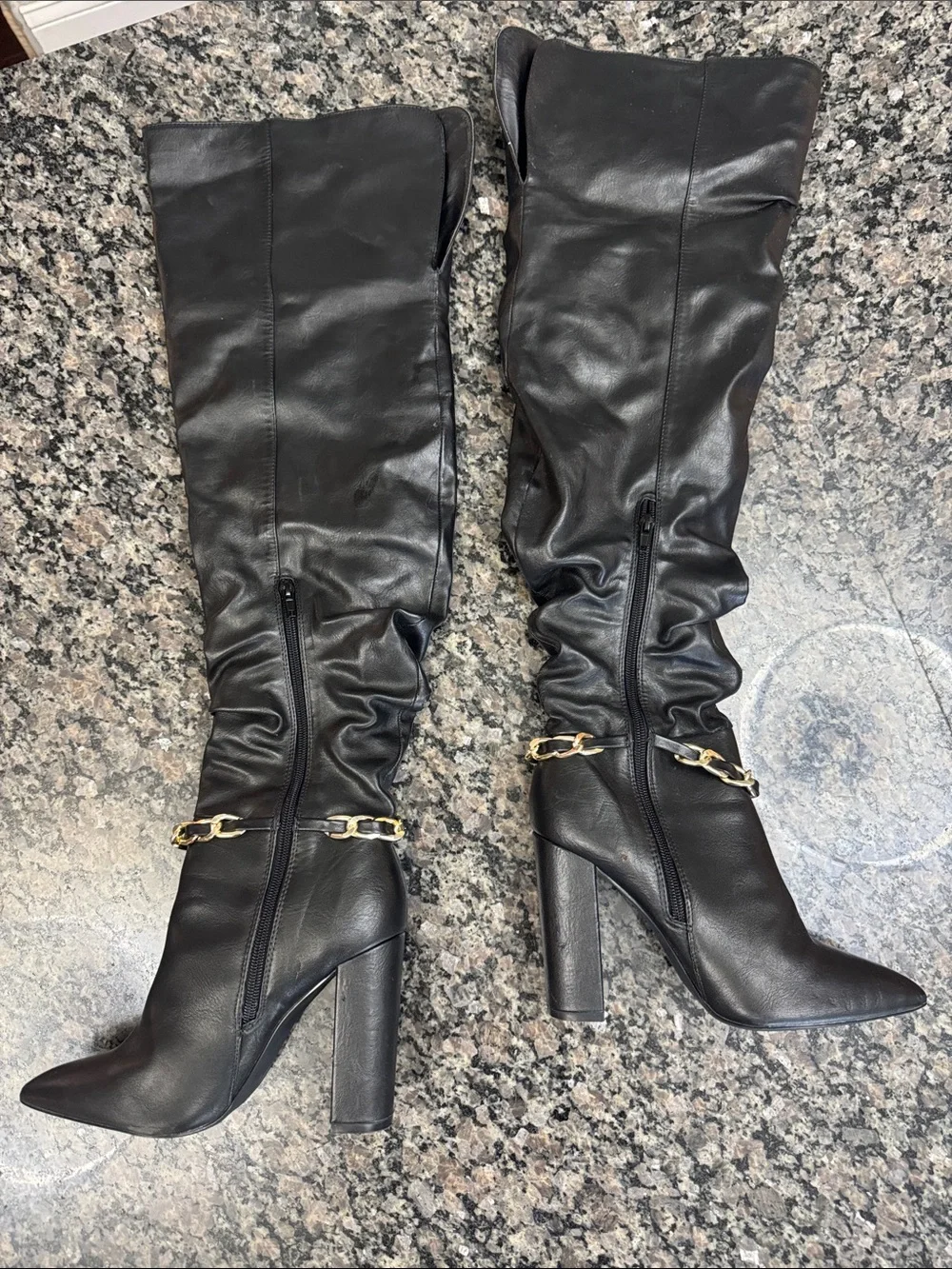 Shoe Dazzle Thelma Black Over-the-Knee Pointed Toe Boots with Gold Chain